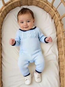 SHEIN 男婴可爱时尚针织连体衣，彼得潘领，百搭连体裤 - 淺藍色 - 查看 1