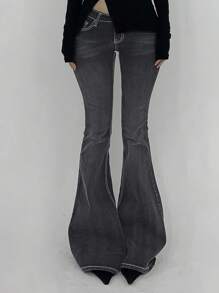 DAZY Jeans évasés à taille basse, effet vintage lavé, avec col contrasté et ourlet brut pour femmes - Noir - Voir 6