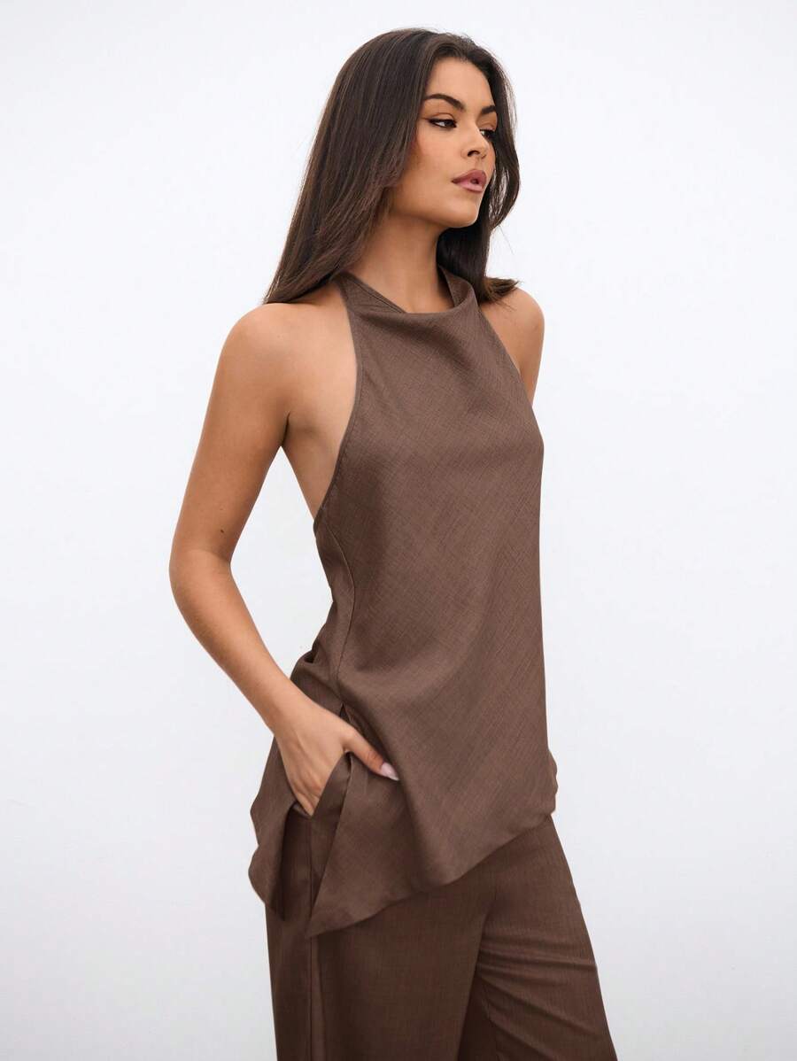 Aloruh 复古亚麻通勤露背上衣和裤子套装 - 棕色 - 查看 1