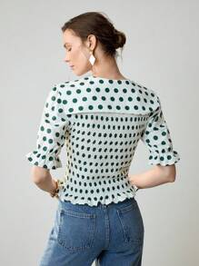 SHEIN Unity 女式绿白波点 V 领休闲褶皱梭织衬衫，半袖，修身常规长度，秋季，极简主义，商务休闲，度假，工作服，教师，返校，秋季，老钱风格 - 白色 - 查看 4