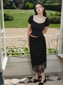 lacRébo 黑色缎面长裙配睫毛蕾丝拼接蕾丝黑色中长裙教师裙办公室服装秋季女装秋冬 - 黑色 - 查看 4