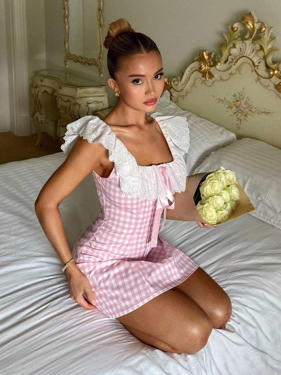 Glamine Charm Glamine Women's Elegant Pink Plaid Ruffle Trim Square Neck A-Line Mini Dress, Summer Women Short Dresses Summer Cute Outfits For Women Beach Outfits For Woman Resort Wear Beach Women Outfits Country Tea Party Outfit Country Concern Outfit Stockholm Style 4th Of July OUtfit Women Gingham Dress Pink Gingham Dress - Pink - View 1