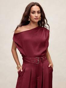 EMERY ROSE Arave 女士缎面质感不对称设计无袖上衣，优雅百搭，适合通勤和度假穿着。这款女士上衣采用法式结编织，优雅端庄，尽显复古韵味。单肩设计，缎面材质，适合女性穿着，秋季穿着。 - 酒紅色 - 查看 5