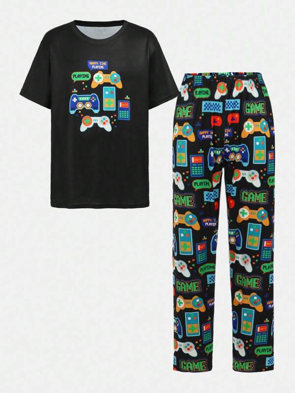 NotGurli Conjunto de pijama de manga corta con estampado de control de juegos para adolescentes