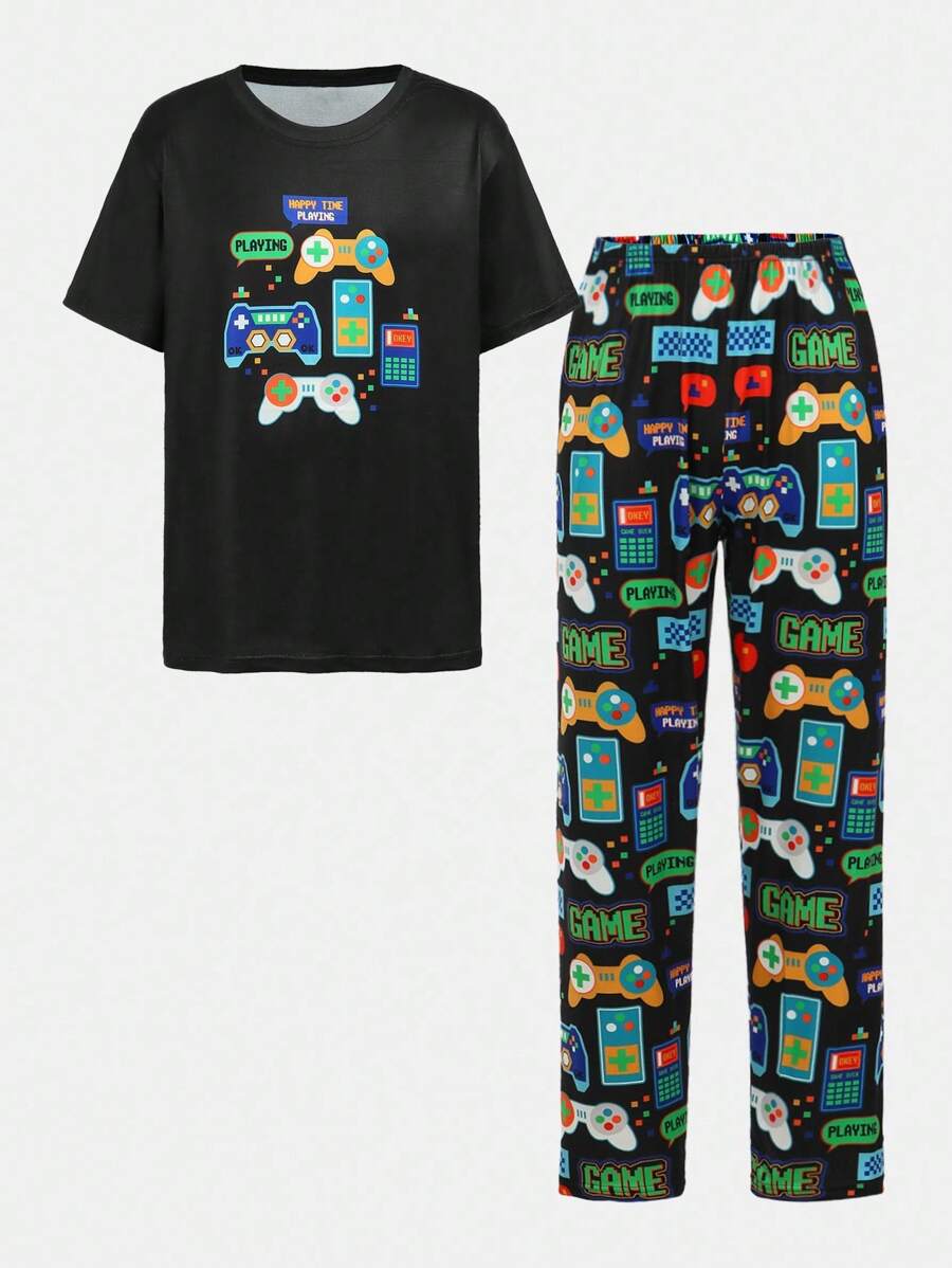 Conjunto de pijama de manga corta con estampado de control de juegos para adolescentes - Negro - Ver 1