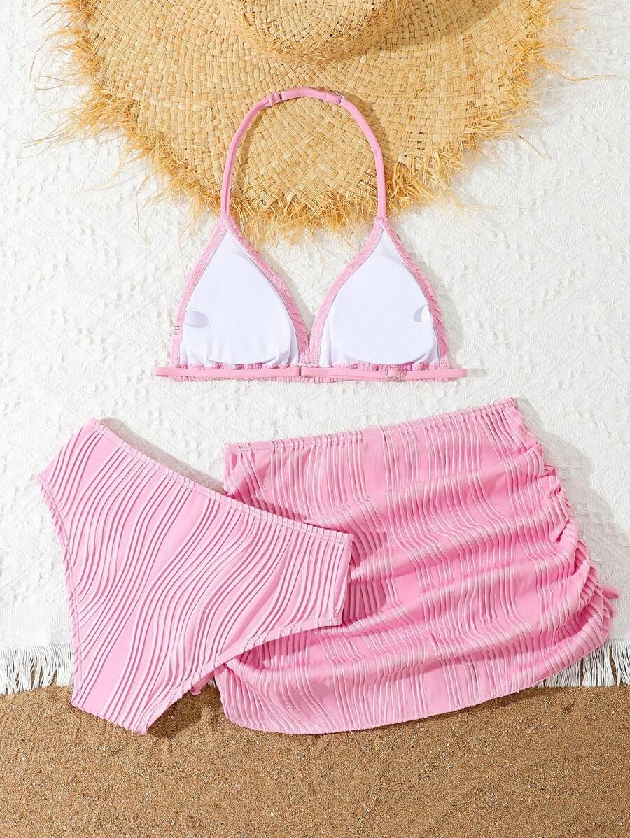 Bộ bikini hồng 3 mảnh cho bé gái tuổi teen, bao gồm áo tam giác dây mảnh, hoàn hảo cho kỳ nghỉ ở bãi biển - Hồng - Xem 1