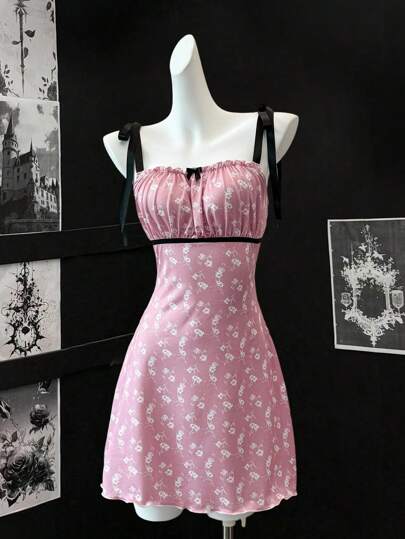 EgrlEra 女士性感修身碎花吊带背心裙，粉色