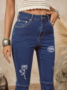 SHEIN LUNE Women's Elastic Denim Embroidered Flared Long Pants - Medium Wash - View 3