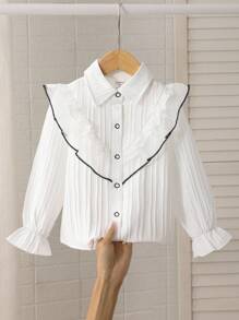 Young Girl Casual Daily Ruffled Textural Front Button Shirt - White - View 1