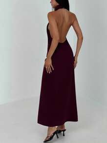 Aloruh New Sexy Backless, Sleeveless, Off-Shoulder Pleated Decor Slim Tummy Concealing Dress, Suitable For Cocktail Party, Music Festival, Vintage, Flowy, Eggplant Purple - Bold Plum - View 2