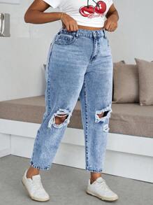 SHEIN ICON Große Größen Blaue Jeans in Relaxed Fit, gerissen, verjüngend, 7/8-Länge