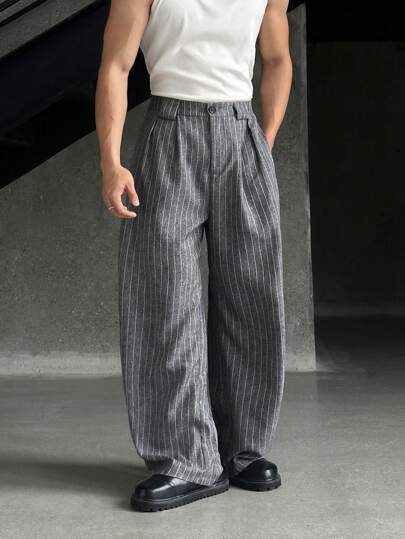 EASEVO 大码男士条纹褶皱口袋阔腿宽松休闲裤