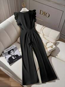 EMERY ROSE Women's Solid Color Zip Neck Cap Sleeve Casual Jumpsuit, Summer - Black - View 2