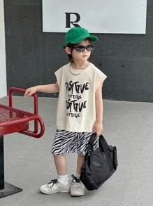 Dazy Kids Kids Fall Clothes, Young Boys Loose Sleeveless Letter Print T-Shirt And Zebra Shorts Set - White - View 7
