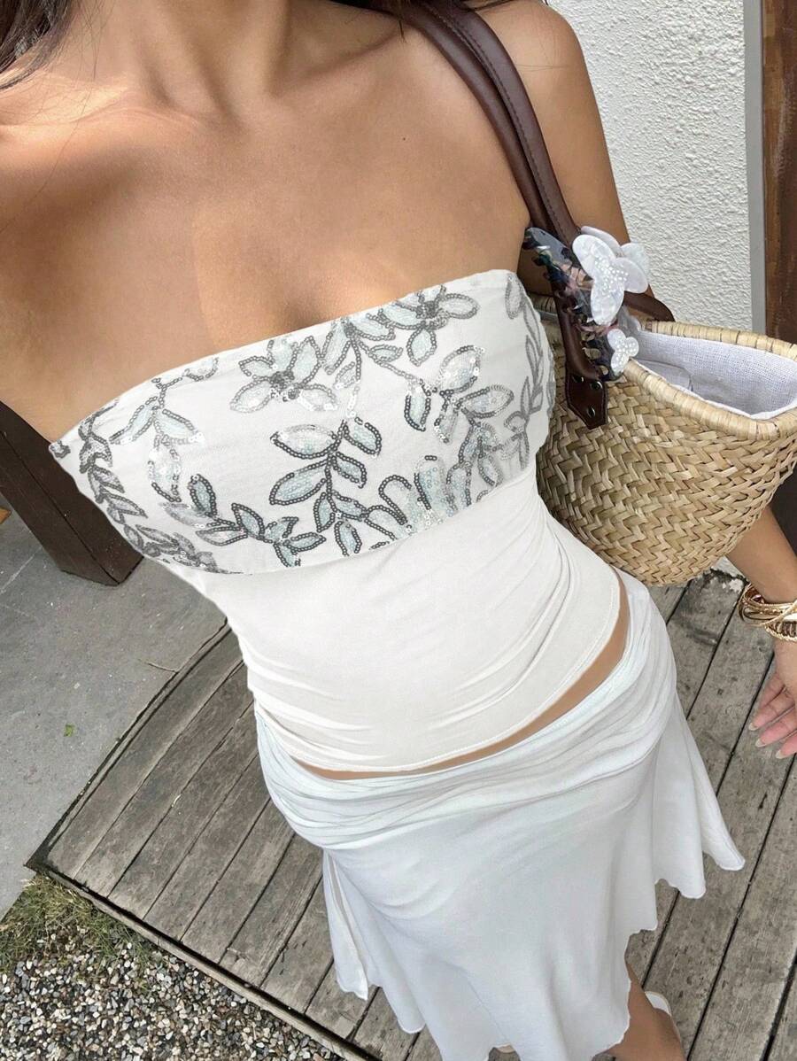 Sunnyshic Women's Summer Casual & Holiday Embroidery Mesh Paillette Patchwork Tube Top - White - View 1