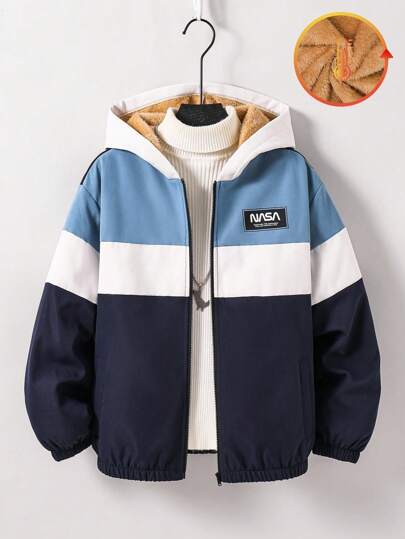 SHEIN Tween-Jungen Lässige, lockere Kapuzenjacke mit Buchstabendruck in Kontrastfarbe, Thermofutter, geeignet für den Arbeitsweg, die Schule, die tägliche Lässig Kleidung, Sport, Herbst/Winter
