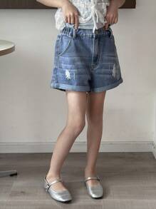 Tween Girls Casual Versatile Streetwear Distressed Designed Comfortable Washed Denim Shorts, Fashionable Item For Party, Campus In 2025