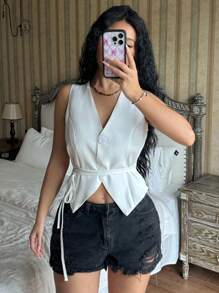 Chiquease Button Front Belted Vest Jacket - White - View 4