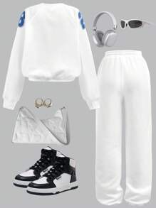 SHEIN Girlism Teen Girls Hoodie & Casual Loose Sporty Number & Letter V-Neck Raglan Sweatshirt & Printed Drawstring Waist Cuffed Sweatpants Co-Ord Set, Autumn/Winter Fall - Blue and White - View 2