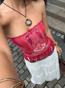 Sunnyshic Vintage Paisley Pattern Crochet Tassel Lace-Up Backless Crop Top - Red - View 4