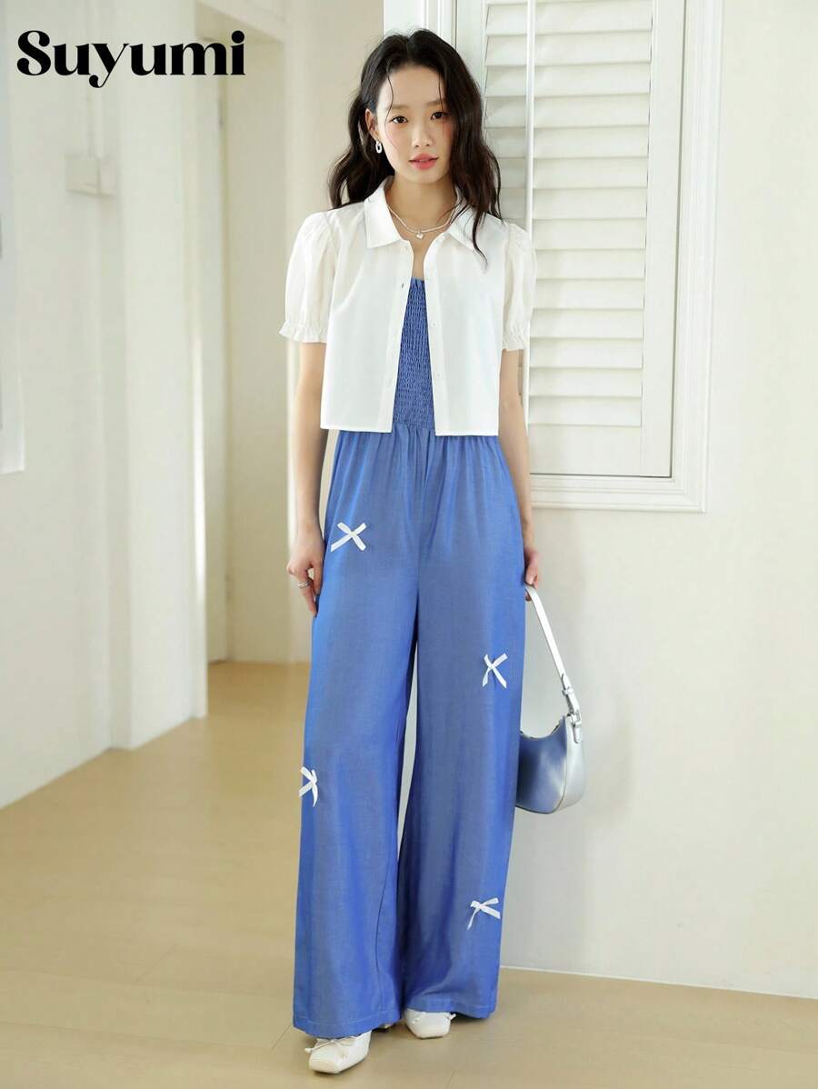 2 Piece Set For Teen Girl White Puff Sleeve Shirt Paired With Fashionable Bow Strap Jumpsuit, Elegant And Versatile Design, Comfortable Fabric, Suitable For Everyday Wear Or Formal Events