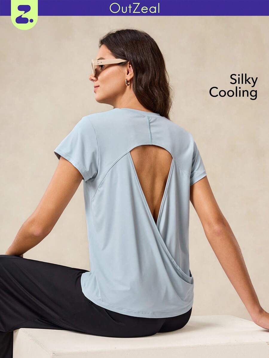 OutZeal Women Sports Tee Solid Color Casual Vacation Cool Touch Silky Soft Cut-Out Back Design Short Sleeve Summer T-Shirt - Baby Blue - View 1