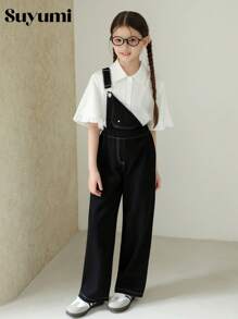 青少年女孩休闲校园风格服装 - 牛仔背带裤和可爱荷叶边衬衫套装，适合通勤、上学和日常外出 - 彩色 - 查看 1