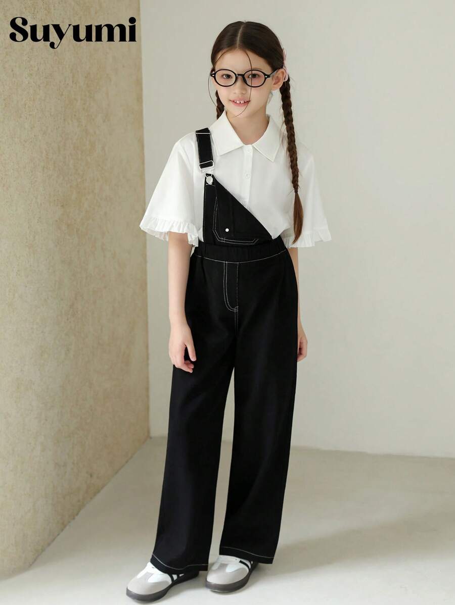 青少年女孩休闲校园风格服装 - 牛仔背带裤和可爱荷叶边衬衫套装，适合通勤、上学和日常外出 - 彩色 - 查看 1