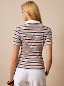 Poéselle Women Striped Polo Neck Short Sleeve Casual Versatile T-Shirt