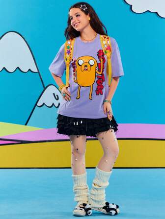 Adventure Time X ROMWE Y2k Cute Funny Children's Playful Women's Casual Cartoon Letter Pattern Drop Shoulder Loose T-Shirt
