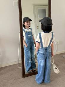 DENIMLY YOUNG Cô gái trẻ THƯỜNG NGÀY ĐỂ CHUẨN BỊ NGOÀI TRỜI CẢ NĂM PHẢI CÓ COOL MAX VẢI COTTON NHẸ GIẶT LẠI NHẸ QUẦN JUMPSUITS DENIM RÁCH, Dây đeo có thể điều chỉnh và năm túi cổ điển, Cài nút ở bên hông - Rửa nhẹ - Xem 2