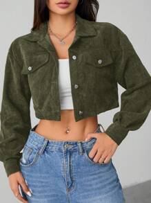 SHEIN PETITE 春季落肩翻领细节短款灯芯绒夹克（秋冬） - 軍綠色 - 查看 5