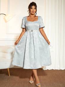 Cravure Plus Size Women Romantic Elegant Embroidered Square Neck Puff Sleeve A-Line Dress, For Dates And Commuting - Blue - View 7