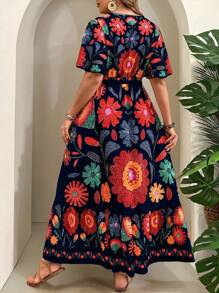 SHEIN Clasi Plus Size Tropical Vacation Abstract Art Print Cross V-Neck Belted Ruffle Hem Long Sun Dress - Navy Blue - View 2