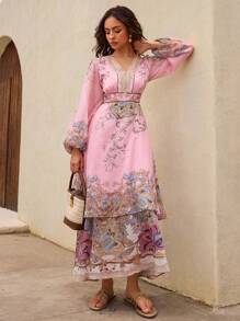 DAZY Women's V-Neck Boho Vacation Holiday Floral Pink Autumn Dress,Long Sleeve Bohemian High-Low Hem Printed Cinched Waist Long Floral Fall Dresses - Pink - View 5
