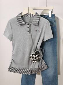 INAWLY 格子与狗狗刺绣装饰Polo领休闲短袖T恤