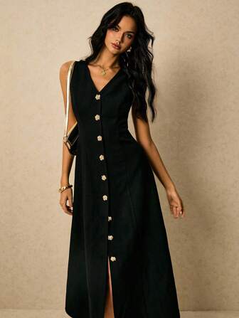 Poéselle 女式夏季优雅纯色前扣无袖连衣裙