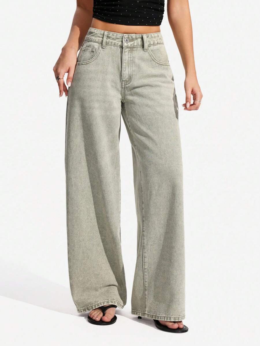 SHEIN PETITE Solid Color Pocket Casual Loose Wide Leg Jeans Pants - Army Green - View 1