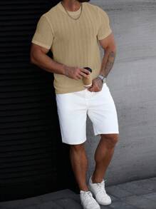 Manfinity Homme 男士夏季休闲纯色纹理短袖T恤男式钩针衬衫网眼男士上衣男士杏色T恤针织T恤男士米色图案T恤男士 - 卡其色 - 查看 6