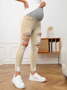 SHEIN Quần denim rách gối ôm vừa vặn cho bà bầu - Màu Khaki - Xem 6