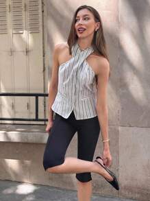 Pariaura Women's Black And White Stripe French Halter Cross Backless Camisole For Summer Vacation