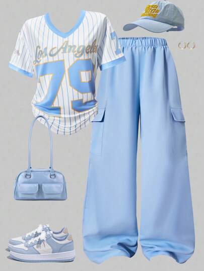 SHEIN Explorewe 少女图案数字印花 V 领短袖上衣搭配纯色口袋工装裤套装，春夏