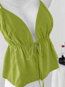 Elamini Women's Deep V-Neck Camisole With Tie At Waist And Ruffle Hem - Green - View 5