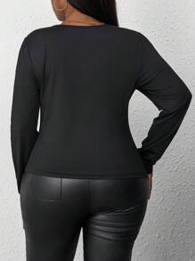 SHEIN PETITE CURVE 春夏秋冬优雅黑色针织圆领长袖撞色网眼大码T恤万圣节加大码万圣节衣服万圣节睡衣