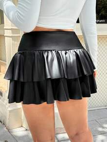 SHEIN EZwear Váy da PU không đối xứng nhiều lớp màu trơn cỡ lớn cho nữ - màu đen - Xem 2