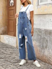 EMERY ROSE Women's Pocket Distressed Wide Leg Loose Casual Denim Jumpsuit - Blue - View 3