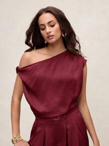 EMERY ROSE Arave 女士缎面质感不对称设计无袖上衣，优雅百搭，适合通勤和度假穿着。这款女士上衣采用法式结编织，优雅端庄，尽显复古韵味。单肩设计，缎面材质，适合女性穿着，秋季穿着。 - 酒紅色 - 查看 7