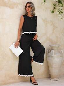 SHEIN Clasi 黑白色賽車背心坦克上衣和寬鬆褲子，帶有彈性腰帶