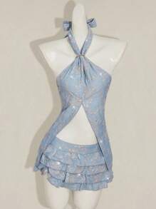 SHEIN ICON Women's Cashew Embroidery Halter Neck Tank Top And Low Waist Mini Skirt Set, Summer Fall Women Clothes - Brown - View 3