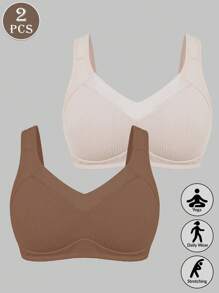 SHEIN 2pcs Women Yoga Running Crop Sleep Seamless Tops Wirefree Full Coverage Mesh Splice Minimizer Bralette Women's Lingerie & Underwear - Multicolor - View 7